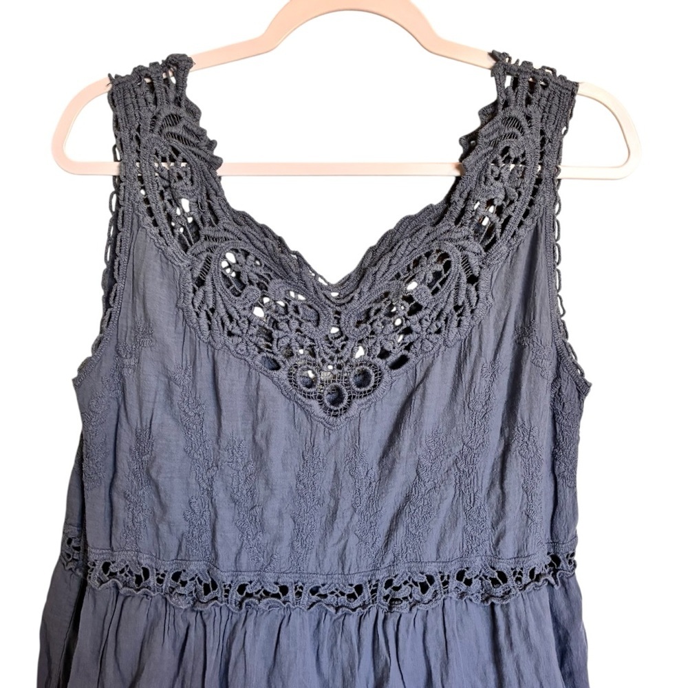 Slate Blue Boho Cotton Tiered Midi Summer Dress - M - Picture 2 of 5